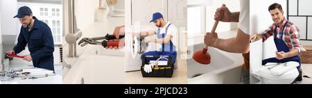 Collage avec photos de plombiers professionnels et leurs outils, conception de bannières Banque D'Images