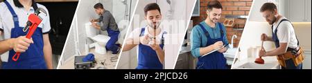 Collage avec photos de plombiers professionnels et leurs outils, conception de bannières Banque D'Images