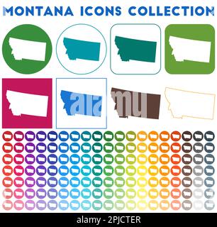 Collection d'icônes Montana. Icônes de carte branchées colorées et lumineuses. Badge moderne du Montana avec carte de l'état des États-Unis. Illustration vectorielle. Illustration de Vecteur