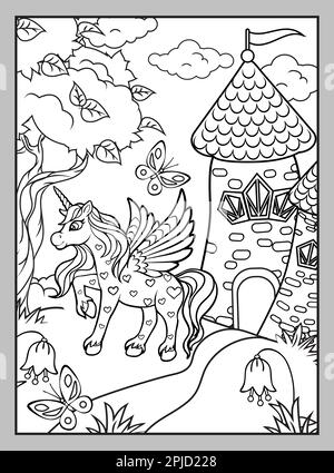 Une jolie licorne aux coeurs et un château sur une pelouse d'été. Page de coloriage. Image vectorielle en noir et blanc. Illustration de Vecteur