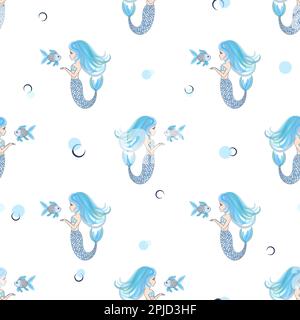 Joli motif sans coutures pour petites mermaïdes. Fond bleu vectoriel pour un motif enfant. Illustration de Vecteur