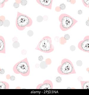 Motif vectoriel sans couture avec de jolis chiots pomeraniens et des coeurs roses. Illustration de Vecteur