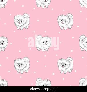 Motif sans couture avec un mignon chiot pomeranian blanc sur rose. Arrière-plan Vector Dogs. Illustration de Vecteur