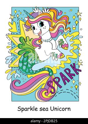Mignonne de licorne de mer heureuse et étincelle de lettrage. Illustration vectorielle de couleur de personnage de dessin animé. Affiche UNICORN et couverture de livre. Pour la carte, l'impression, la recherche Illustration de Vecteur