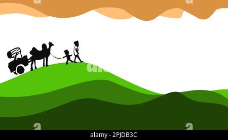 L'arrière-plan de l'illustration avec un Ramadan et un motif sur le thème d'Eid al-Fitr, Eid al-Adha, a une image d'un musulman marchant sur une colline verte. Cette conception Illustration de Vecteur
