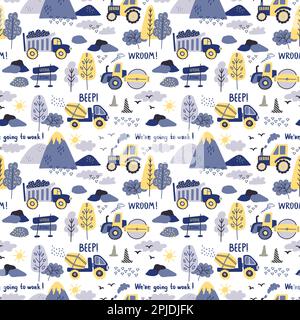 Jolie voiture, pelle hydraulique, motif pour garçons. Imprimé camion pour tissu ou papier peint de pépinière, petit tracteur de boho de bébé et cargaison. Arbres et montagne. Décor textile, enveloppe vectorisé sans couture Illustration de Vecteur