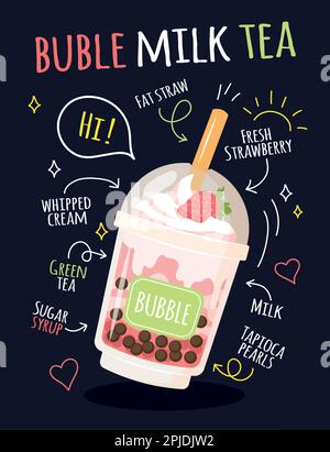 Thé et café moussant. Bannière de menu typographique avec textes. Verre à boisson au lait glacé. Cute tasse pour fille mode drôle. Imprimé hipster d'été. Ingrédients savoureux pour boissons. Motif graphique vectoriel avec texte Illustration de Vecteur