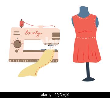 Machine à coudre. Habillez-vous sur le mannequin. Atelier. Atelier sur mesure. Outils de broderie ou de couture. Couture de vêtements. Équipement de personnalisation. Vêtements faits main. Passe-temps artisanal. Ensemble d'éléments de couturière vectoriels Illustration de Vecteur