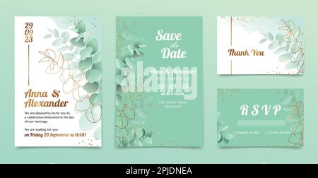 Feuille de fleur verte, bannière aquarelle, ensemble de cadres. Carte ou bordure avec couronne fleurie, verdure avec éléments dorés, jardin forestier. Décor de mariage rustique aux herbes. Modèle d'affiches d'illustration vectorielle Illustration de Vecteur