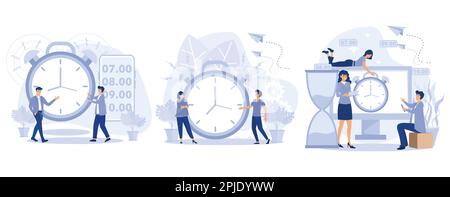 Sonneries de réveil. Réveillez-vous. Concept Bonjour. Les gens minuscules se réveillent le matin et suivent la routine de la journée. Début d'une nouvelle journée. définir le mode vectoriel plat Illustration de Vecteur