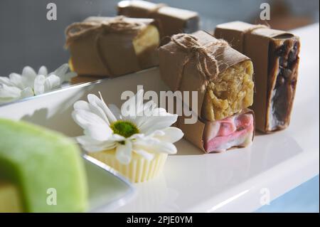 Barres de savon organique encore en vie, shampooing solide sec et après-shampooing avec des ingrédients naturels sur un fond blanc Banque D'Images