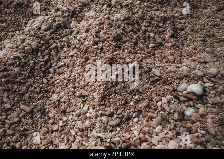 Texture naturelle brun foncé de minuscules galets de plage beiges. Banque D'Images