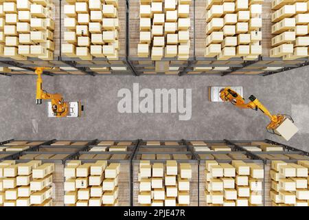 Entrepôt, robots automatiques, chargement et déchargement de boîtes et de marchandises, intelligence artificielle, logistique. Les robots trient et déplacent les boîtes. Vue de dessus Banque D'Images