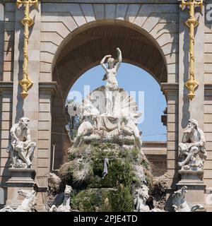 Détail de la fontaine conçue par Josep Fontserè à l'intérieur du Parc de la Ciutadella, Parc de la Citadelle, dans le quartier de Ciutat Vella à Barcelone, Catalogne Banque D'Images