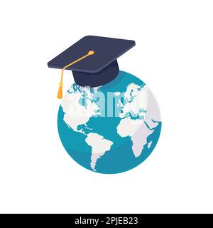 Globe terrestre en casquette universitaire de remise des diplômes en mortier. Illustration vectorielle isolée sur fond blanc Illustration de Vecteur