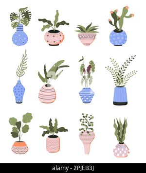 Plantes d'intérieur avec des pots en argile avec des ornements vecteur set. Plantes poussant en pots ou en jardinière. Belle maison naturelle. Illustration de Vecteur