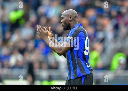 Milan, Italie. 01st avril 2023. Romelu Lukaku (90) d'Inter vu dans la série Un match entre Inter et Fiorentina à Giuseppe Meazza à Milan. (Crédit photo : Gonzales photo/Alamy Live News Banque D'Images