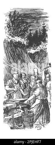 Illustration du livre Bohdan Khmelnytskyi, M. Starytskyi. VERS 1648 : les faucons refaçonnent les outils ruraux en armes - couteaux, épées, lances. Banque D'Images