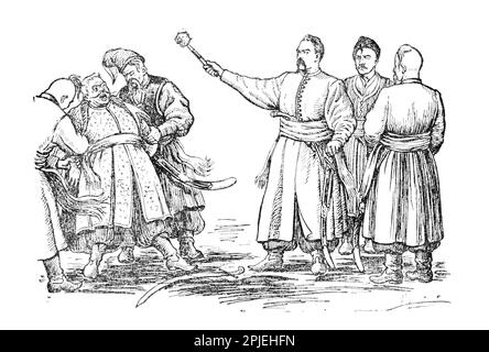 Illustration du livre Bohdan Khmelnytskyi, M. Starytskyi. VERS 1649 : Bogdan Khmelnitsky donne l'ordre d'exécuter les commissaires polonais. Le ou le Banque D'Images