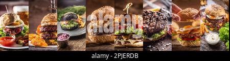 Un mélange de différents types de hamburgers dans une photo comme un concept alimentaire américain traditionnel. Banque D'Images