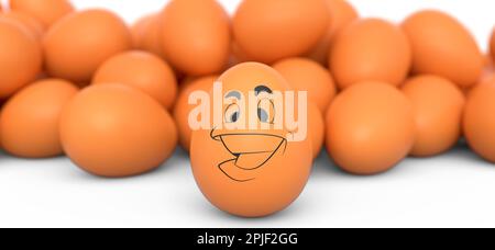 Ferme oeuf peint brun avec des expressions et visage drôle pour le petit déjeuner et la foule d'oeufs sur fond blanc. 3D rendre le concept de petit déjeuner anglais pour Banque D'Images