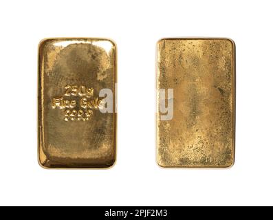 Barre dorée, à l'avant et à l'arrière, isolée du dessus. Lingot d'or moulé, bullion de 250 grammes, environ 8 oz troy de métal pur. Argent réel, réserve de valeur. Banque D'Images