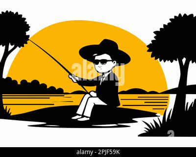 Un homme dans un chapeau et des lunettes de soleil pêche sur la rive de la rivière au coucher du soleil. Illustration vectorielle Illustration de Vecteur