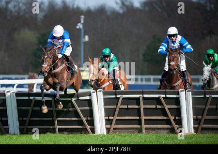 Ascot, Royaume-Uni. 02nd avril 2023. Blueking d'Oroux et le jockey Angus Cheleda remportent l'obstacle de handicap juvénile du Royal Ascot Racing Club pour l'entraîneur Paul Nicholls et la propriétaire Mme Johnny de la Hey. Crédit : JTW Equine Images/Alamy Live News Banque D'Images