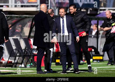 Rotterdam - l'entraîneur Feyenoord Arne Slot, Maurice Steijn de Sparta Rotterdam lors du match entre Sparta Rotterdam et Feyenoord à Het Kasteel, le 2 avril 2023 à Rotterdam, pays-Bas. (Box to Box Pictures/Yannick Verhoeven) Banque D'Images