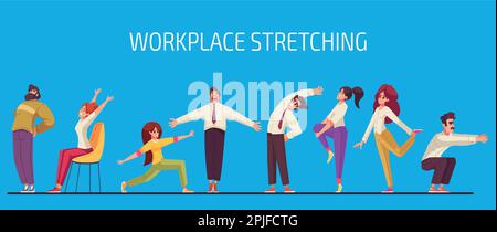 Les employés travaillant à domicile ou au bureau s'étirent et font de petits exercices sur le lieu de travail pour se reposer et se détendre. Élimination de la tension et des douleurs musculaires Illustration de Vecteur