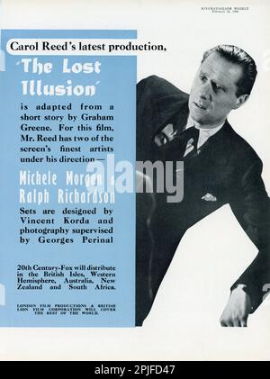 British Trade ad annonçant la production du dernier film DE CAROL REED sous le titre de travail de L'ILLUSION PERDUE avec MICHELE MORGAN et RALPH RICHARDSON a par la suite retraité LE RÉALISATEUR DÉCHU IDOL 1948 CAROL REED Short Story et scénario Graham Greene producteur exécutif Alexander Korda London film Productions / British Lion film Corporation Banque D'Images