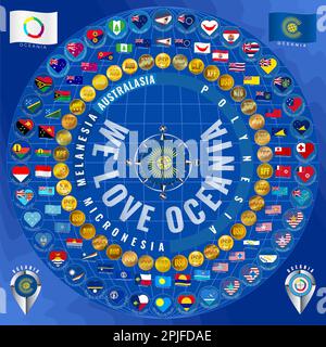 Ensemble d'icônes de drapeaux, devises des pays d'Océanie sous forme de cercle. Australasie, Polynésie, Micronésie et Mélanésie. Illustration. Banque D'Images