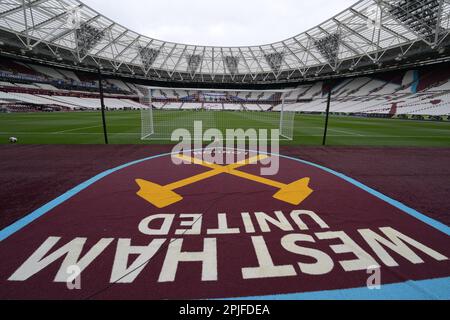 Londres, Royaume-Uni. 2nd avril 2023. Le stade de Londres avant le West Ham vs Southampton. Match de la Premier League au London Stadium Stratford. Crédit : MARTIN DALTON/Alay Live News Banque D'Images