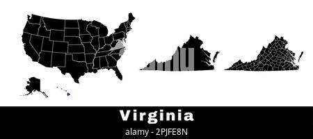 Carte de l'État de Virginie, États-Unis. Ensemble de cartes de Virginie avec frontières, comtés et cartes des États-Unis. Illustration de vecteur de couleur noir et blanc. Illustration de Vecteur