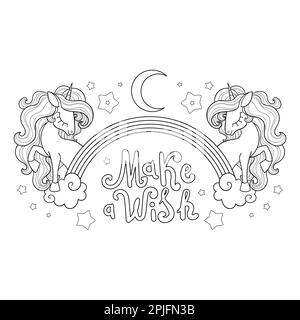 Faites un vœu. Texte. Deux licornes et un arc-en-ciel. Illustration vectorielle. Illustration de Vecteur