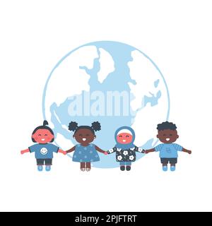 Groupe multiculturel d'enfants tenant la main. Les enfants se tiennent sur le fond du globe. Joyeux bébé filles et bébé garçons. Illustration vectorielle Illustration de Vecteur