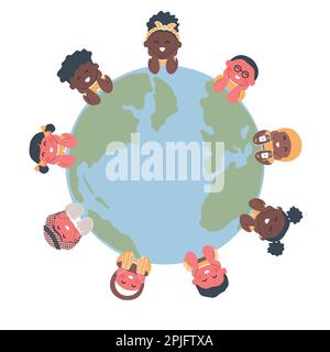Les enfants autour de la carte du monde. Groupe multiculturel d'enfants. Joyeux bébé garçons et bébé filles. Illustration vectorielle Illustration de Vecteur