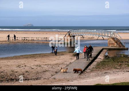 Dunbar, Écosse, Royaume-Uni. 2nd avril 2023. Les gens appréciant le soleil mais le temps froid, le long de la côte est de Lothian à Belhaven Bay. Température autour de 5C dans la brise. Vue sur le pont de Belhaven, le pont vers nulle part, et de l'autre côté de l'estuaire en direction de Bass Rock. Crédit : Craig Brown/Alay Live News Banque D'Images