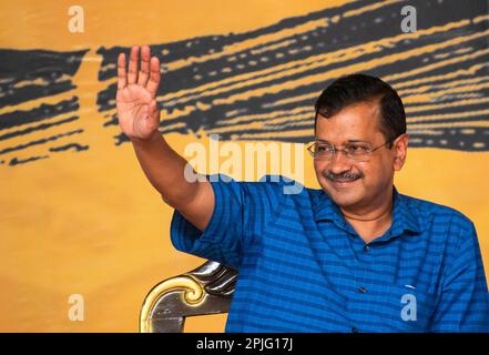 GUWAHATI, INDE - AVRIL 2 : le ministre en chef de Delhi, Arvind Kejriwal, lors d'un rassemblement public pour son parti AAM Aadmi (AAP) sur 2 avril 2023 à Guwahati, Inde. Crédit : David Talukdar/Alamy Live News Banque D'Images