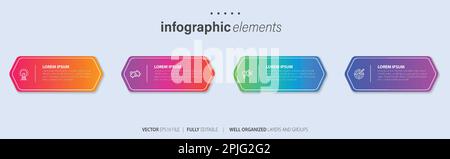 Modèle de conception d'étiquettes graphiques vectorielles avec icônes et 4 options ou étapes. Peut être utilisé pour le diagramme de processus, les présentations, la mise en page du flux de travail et la bannière Illustration de Vecteur