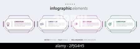 Conception de modèles d'éléments infographiques commerciaux avec icônes et 4 options ou étapes. Illustration vectorielle. Illustration de Vecteur