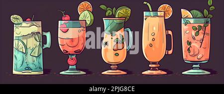 Cocktails d'été froids sans alcool et limonades dans différents verres. Brillant fruité fantaisie mocktles japonais Chibi style illustration long Banque D'Images