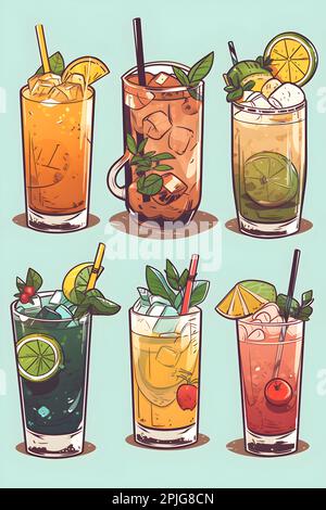 Cocktails d'été froids sans alcool et limonades dans différents ensembles de verres. Vert d'illustration de style chibi japonais, aux notes fruitées et aux couleurs vives Banque D'Images