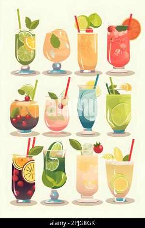 Cocktails d'été froids sans alcool et limonades dans différents ensembles de verres. Vert d'illustration de style chibi japonais, aux notes fruitées et aux couleurs vives Banque D'Images