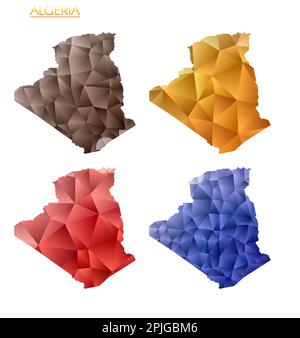 Ensemble de cartes polygonales vectorielles de l'Algérie. Carte dégradée lumineuse du pays dans le style poly bas. Illustration de Vecteur