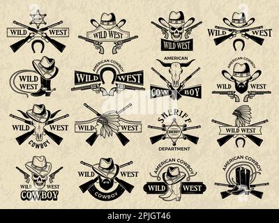 Badges Wild West. Cowboy et shérif symboles fusils et balles rétro style ancien chapeau vecteur récent logo de l'ouest sauvage modèle Illustration de Vecteur