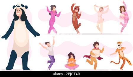 Pyjamas. Joyeux personnages jouant dans le sommeil drôle vêtements exact vecteur images ensemble Illustration de Vecteur