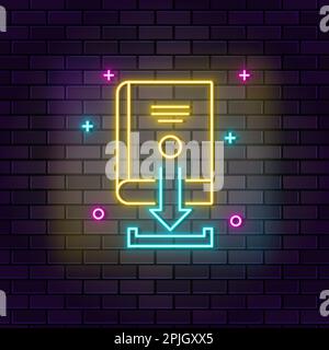 Icône de néon du livre électronique. Icône de l'éducation au néon sur fond de mur de briques sombres Illustration de Vecteur