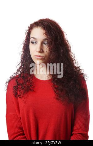 Triste déprimé teenage girl looking down isolated on white Banque D'Images