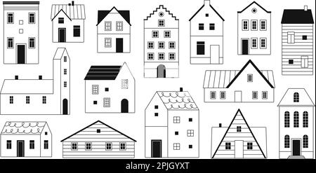 Contour noir différentes maisons. Bâtiments et appartements, maisons isolées de la ligne de doodle. Éléments d'architecture urbaine, graphique vectoriel racé décoratif Illustration de Vecteur
